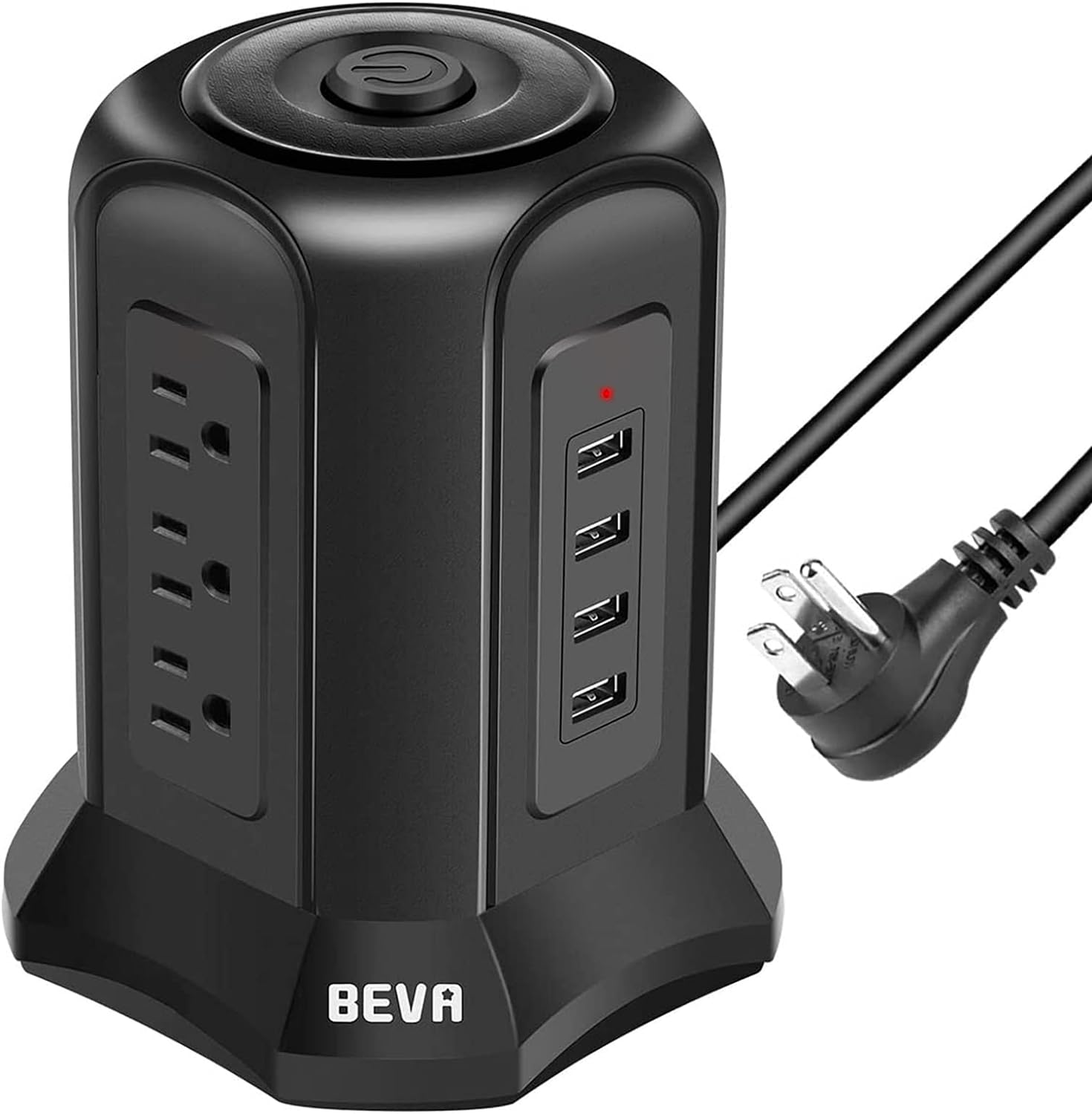 Power Strip Tower Surge Protector BEVA 10ft Flat Plug Desktop Charging Station 9 AC Outlets 4 USB Ports, 900 Joules, Long Extension Cord for Home Office Appliances Smartphones Computer Tablets(Black) - Image 1